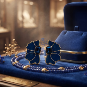 Korean Blue Floral Crystal Stud Earrings