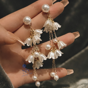 Korean Pearl Flower Drop Earrings for Women